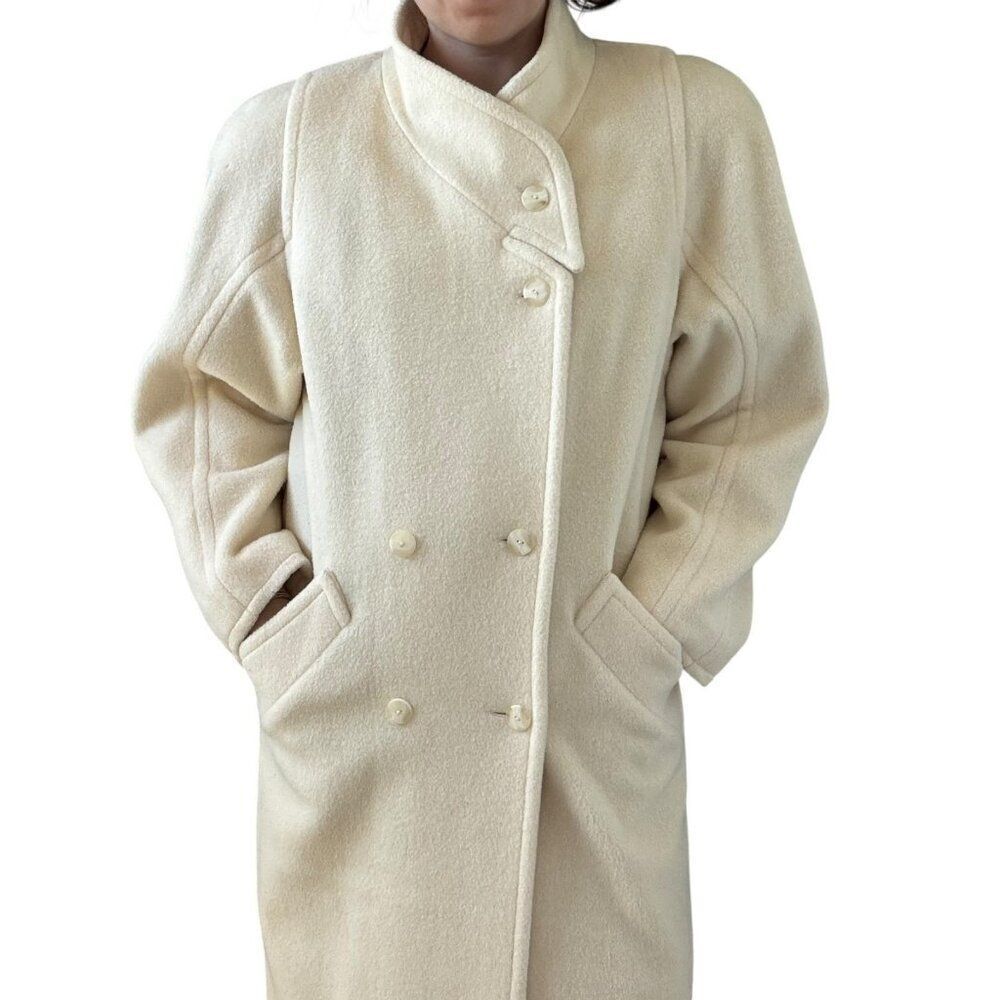 Vintage 1980s Womens White Wool Double Breasted Trench Coat Made in USA Sz M
